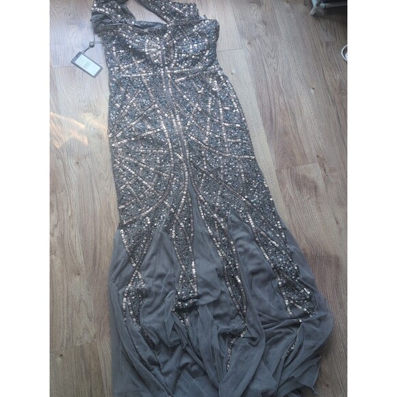 Adrianna Papell Long Beaded Mesh Dress Womens 10 Sterling Grey Silver $298 - Picture 13 of 14